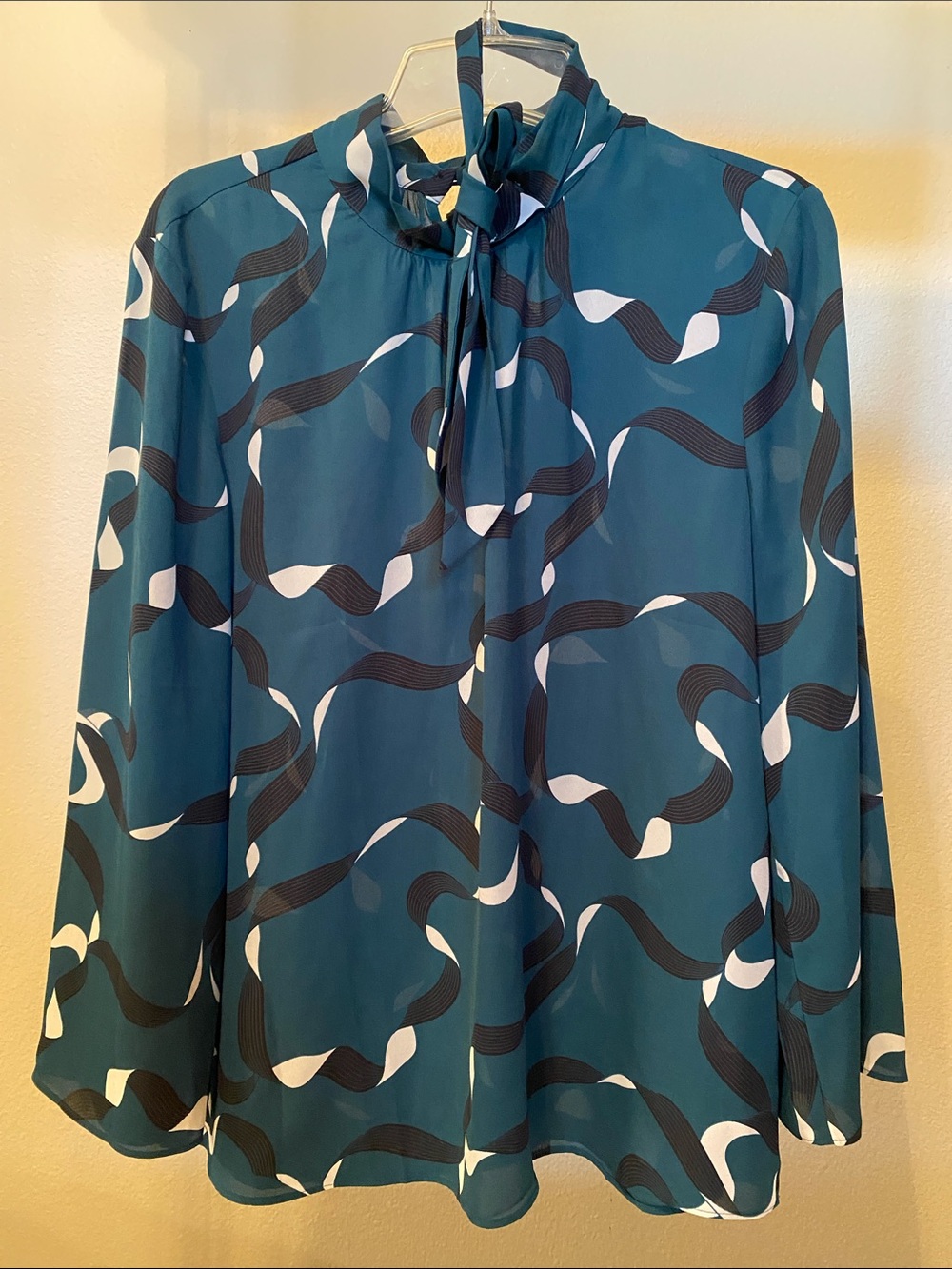 Ann Taylor Factory Dark Green Tie-Neck Printed Sheer Blouse